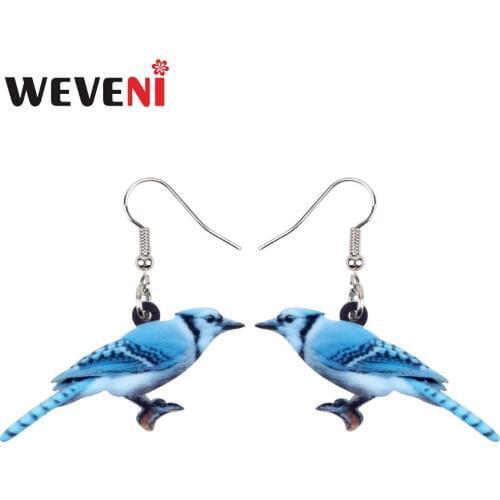 WEVENI Acrylic Sweet Blue Jay Bird Earrings Big Long Dangle Drop Fashion North America Animal Jewelry For Women Girls Teens Gift