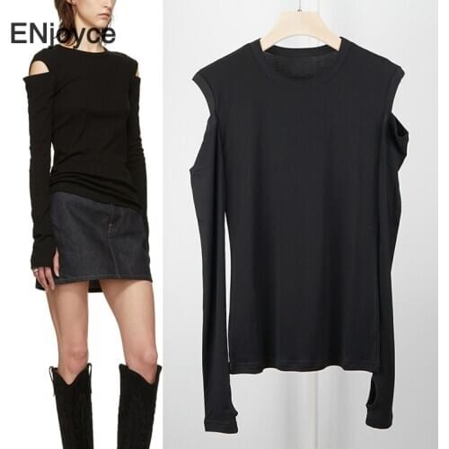 Women Spring Autumn Cotton O Neck Slim T-shirt Black Long Sleeve Off Shoulder T shirts Korean Ladies Fashion Clothing Tops