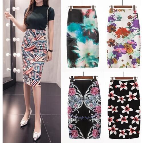 Ready Stock Fashion Elegant Floral Print High Waist Stretch Pencil Skirts Women OL Work Wear