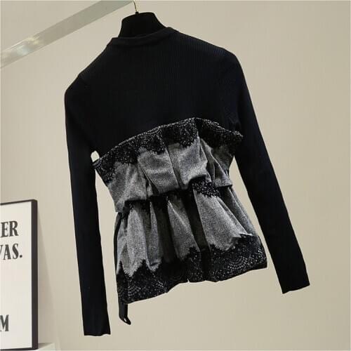 Turtleneck Sweater Women Fashion Lace Embroidery Patch Elegant Pleated Waist Long Sleeve Sweaters Lady Slim Top
