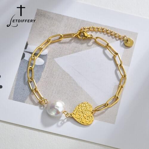 Letdiffery Vintage Heart Stainless Steel Bracelet Golden Imitation pearls Women Adjustable Bracelet Fashion Jewelry