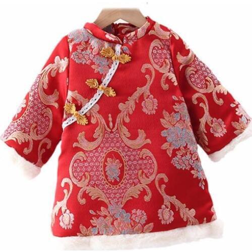 Chinese Style Winter Toddler Girls Thicken Cheongsam Dress Fashion Long Sleeve Embroidery Princess Dress 1-7Yrs Girls Clothes