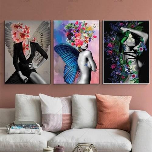 Abstract Butterfly Wings Women and Flower Canvas Painting and Prints Wall Pictures Posters for Living Room Decoration Home Decor