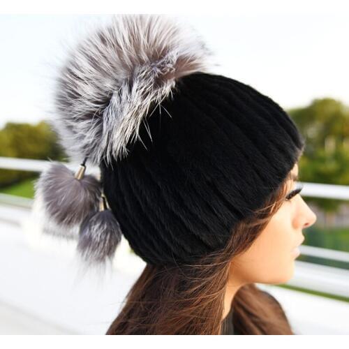 Free Shipping CX-C-56B Women Winter Silver Fox Fur Pom Pom Genuine Mink Fur Hat