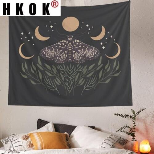 HKOK Moon Phase Butterfly Tapestry Wall Hanging Covering Rugs Background Cloth Beach Mat Blanket Art Bedroom Living Home Decor