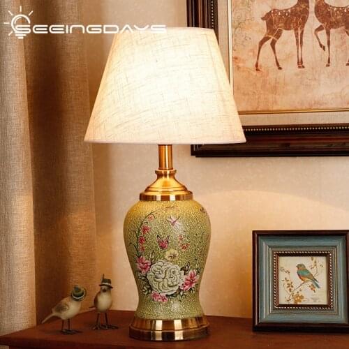 SeeingDays Retro Ceramic Table Lamp For Bedroom Bedside Lamp Modern New Chinese Style Painted Table Lamp For Living Room Study