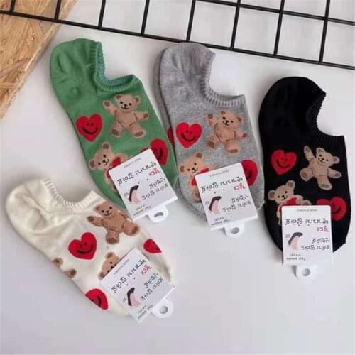Korean Cartoon Bear In Spring And Summer Lovely Kawaii Japanese Cotton Boat Socks Red Love
