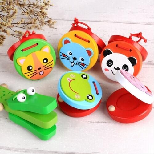 Cartoon Castanets Kids Baby Wooden Castanet Clapper Handle Musical Instrument Toy Preschool Early Educational Toys