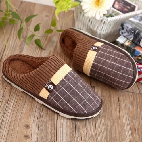 Men Autumn And Winter Home Slipper Plaid Pattern Cotton Slippers Men Indoor Household Shoes Women Warm Cotton Slipper Men Shoes