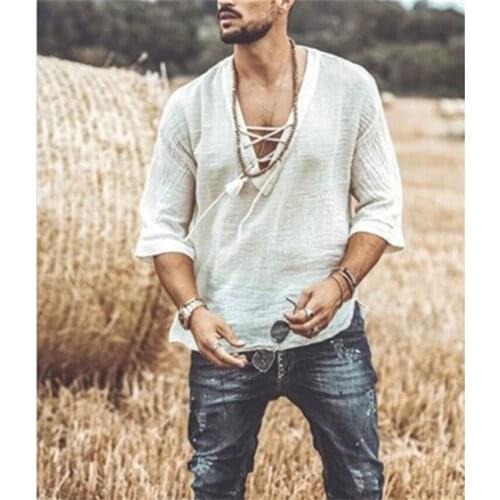 Renaissance Viking Pirate Medieval Cosplay Halloween Costume Men Male V Neck Lace Up Vintage Shirt Half Sleeve Linen Blouse Top