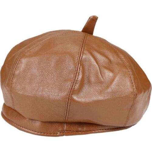 Autumn Winter PU leather Berets For Women Retro Vintage Ladies Octagonal Hat Caps Stewardess Black Coffee Berets Artist Hats