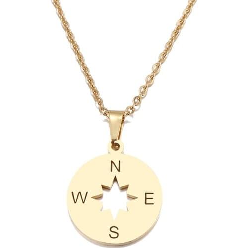 12PC Wholesale Stainless Steel Gold Tiny Round Compass Necklace for Women Girls Lover Vintage Travel Jewelry Charm Chain Gifts