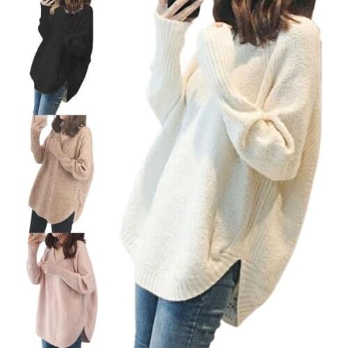 V-Neck Long Sleeve Pullover Sweater Warm Solid Color Arc Hem Pullover Sweater Streetwear