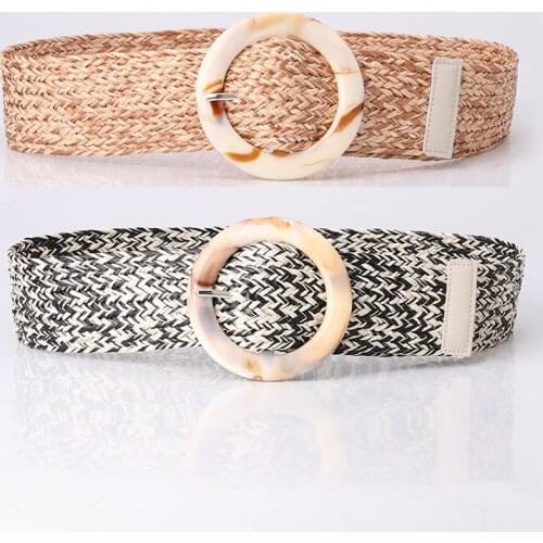 Women Wide Belt LuxuryBraided Waist Belt Summer Woven Female Belt Round Smooth Buckle Straw Belts Dress Suit DecorativeWaistBand
