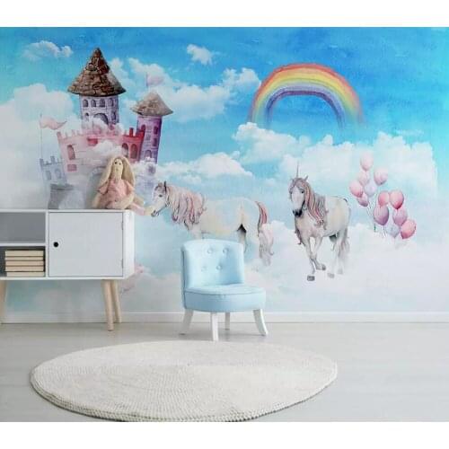 Nordic modern minimalist 3D mural hand-painted sky unicorn childrens room background wall