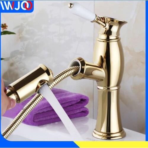 Bathroom Basin Faucets Gold Brass Pull Out Sink Faucet Shower Antique Creamic Single Hole Handle Hot and Cold Water Mixer Taps