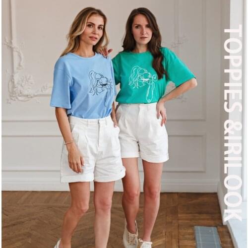 Toppies 2021 Summer Abstract Character T-shirts Women Cotton Tops Tee Short Sleeve Printing T-shirts