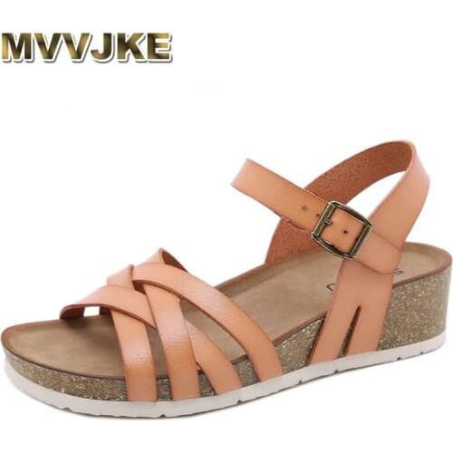 MVVJKE New Womens Sandals Fashion Interwoven Metal Buckle Comfortable Non-slip Thick-soled Roman Sandals Beach Shoes For Ladies
