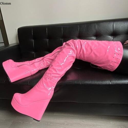 Olomm Women Winter Crotch Platform Boots Patent Studs Zipper Wedges Heels Round Toe 13 Colors Club Shoes Women Plus US Size 5-20