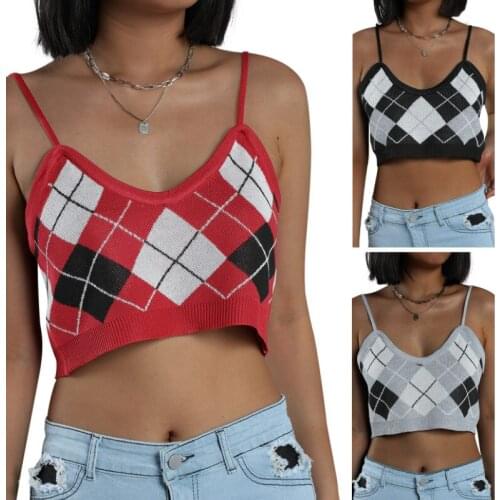 Womens Sexy Argyle Printed Camisole, Sleeveless Spaghetti Strap Knitted Crop Cami Tops Summer 2021