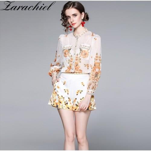 Runway Yellow Floral Print Set Summer Women Long Lantern Sleeve See Through Chiffon Shirt Blouse + Wide Leg Shorts 2 Pieces Set