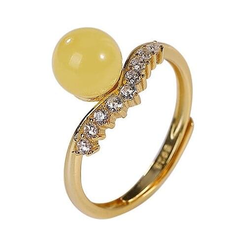 S925 sterling silver gold-plated natural amber beeswax ring personality affordable luxury elegant crown Womens Open ring