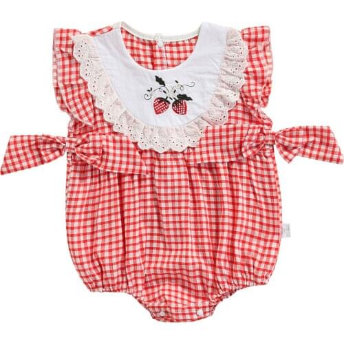 0-24M Princess Newborn Infant Girl Romper Cute Strawberry Embroidery Red Plaid Jumpsuit Playsuit Summer Clothes