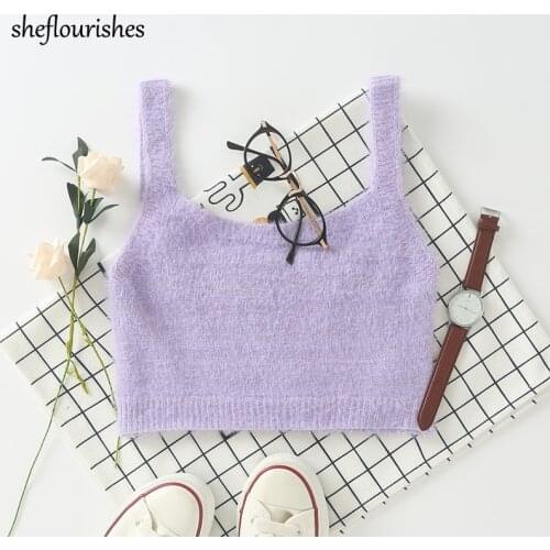 2021 Sexy crop top women vintage tank top pink purple tops korean soft knitted vest sleeveless u neck backless crop tops mohair