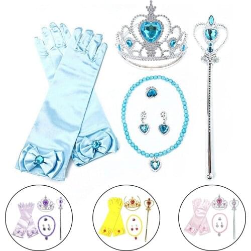 Kids Princess Set Girl Elsa Anna Clothing Accessories Party Aurora Belle Sofia Snow Queen Snow Flake Magic Wand Tiara Gloves