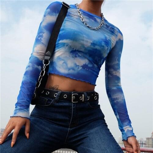 Sky And Clouds Print Stretch Hip Hop Short T Shirt Women Long Sleeve O Neck Crop Tops Streetwear Fashion Clothes Female T-Shirt