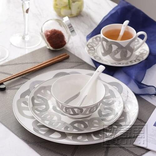 Bone china dinner plate track design ceramic 6-Piece tableware set porcelain plate bowl cup plate spoon white and black