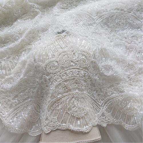 1yards high grade beaded sequins embroidered white lace dress wedding evening dress designer fabric for patchwork