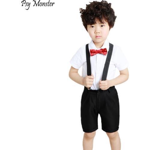 School Boys Summer 4Pcs Wedding Suit with Bowtie Kids Formal Performance Suit Boys Shirt/T-shirt+Shorts Uniform Costume F107