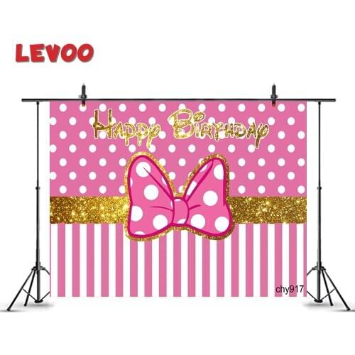 LEVOO Pink Gold Backdrop Girls Birthday Bow Stripes Polka Dots Background Photography Photophone Decor Photo Shoot Props Vinyl