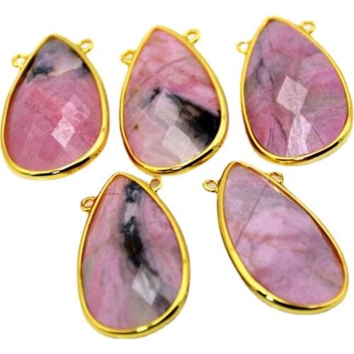 Natural Rhodonite Pendant teardrop connector 30x15mm handmade gold bezel Gem stone Charm red stone jewelry