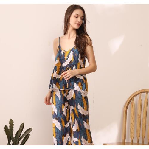 JULYS SONG 4XL Loose Plus Size Womens Pajamas Sets Elegant Sexy Sleeveless Slings Pants Homewear Casual Animal Print Sleepwear