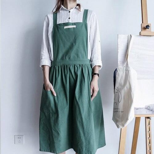 Simple Japanese Style Cotton Linen Pleated Apron With Pockets For Gardening Coffee Shop Kitchen Aprons Household Cooking Apron