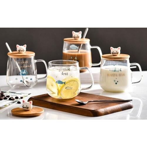 Glass Ins with Lid Spoon Cartoon Cute Water Cup Japanese Home Office Small Fish Milk Breakfast Cup