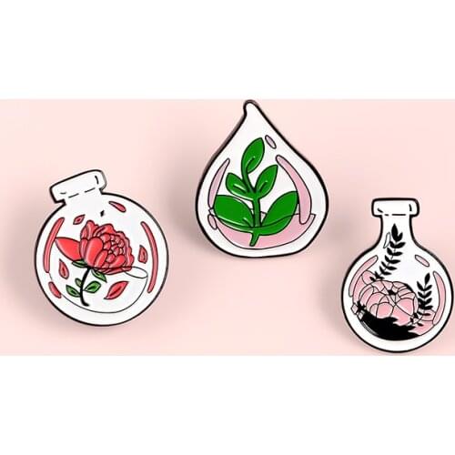 Glass Flowerpot Plant Specimen Botany Rose Flowers Leaf Branch Pins Brooches Gifts Jewelry For Botanist Scientist Accessories