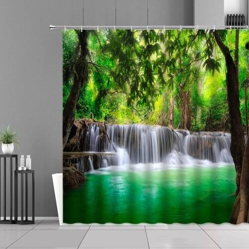 Natural Landscape Shower Curtain Waterfall Green Tree Forest Scenery Bathroom Decor Waterproof Curtains Home Decors Wall Cloth