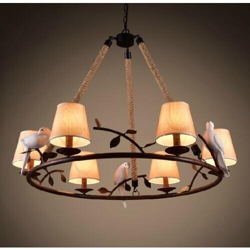 Retro Loft Birds Rope Iron Pendant Lights Vintage Lamp Resin Bird Fabric Lampshade For Kitchen Dining Room Hanging Lighting