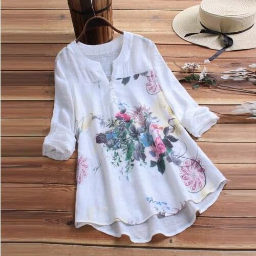 Plus Size Vintage Tunics Blouse Women Summer Floral Print Top Tee V-neck Long Sleeves Pullover T Shirt Рубашка Женская