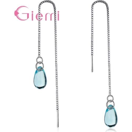 Korean Elegance Ladies Women Long Thread Drop Earrings Genuine 925 Sterling Silver Blue Crystals Party Pendientes Jewelry