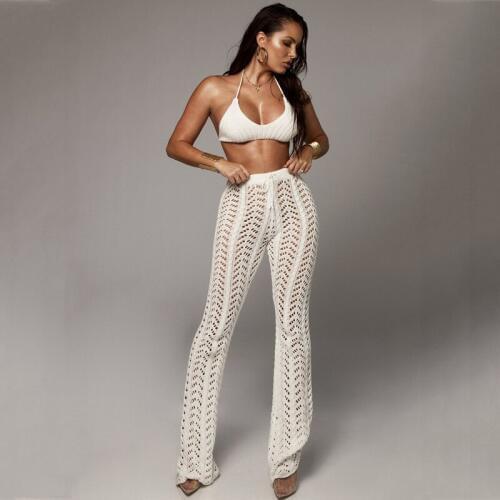 Women Summer Beach Knitted Hollow Out High Waist Pants See Through Mesh Crochet Flare Pant Sexy Bodycon Party Trousers Clubwear