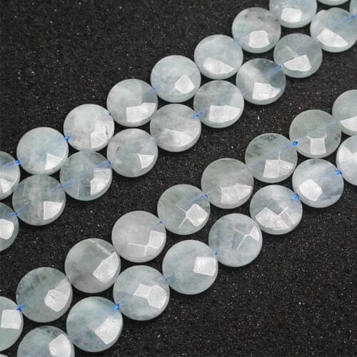 14mm Natural Blue Aquamarines Stone Beads Faceted Coin Button Spacer Loose DIY Beads For Jewelry Making Beads 15'' Women Gift
