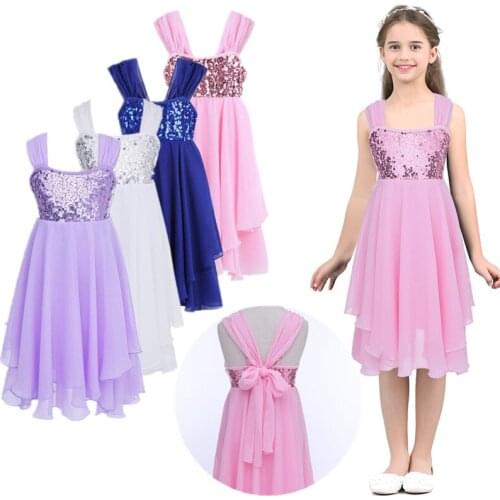 Childrens Ballet Dress Girls Chiffon Sequins Ballet Dance Gymnastics Leotard Dress Stage Perfomance Dance Costume Kids Dancewear