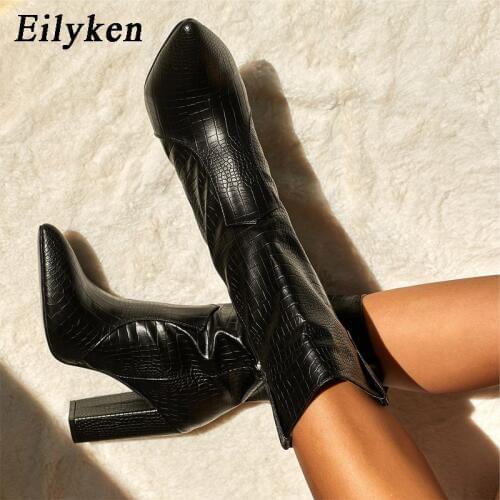 Eilyken Fashion Snake Grain PU Leather Chelsea Boots Women Ankle Boot Square High Heels Pointed Toe Winter Comfortable Shoes