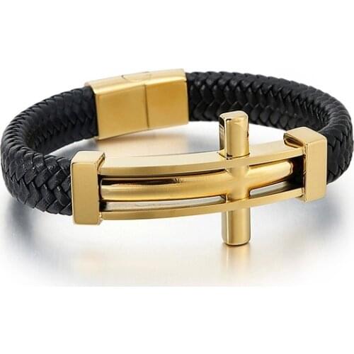 Christian Cross Charm Bracelet Men Prayer 21cm Stainless Steel GoldBlackSilvet Crux Woven Cowhide Leather Bangle Jewelry For Man