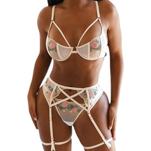 INS Amazon Explosive Sexy Rose Embroidered Ladies Sexy Lingerie See-through Lace Three-piece Set Lingerie Set Sexy