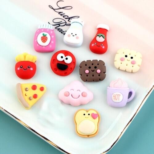 20pcs Kawaii Food Relative Resin Cabochons 18mm Colorful Drink Biscuit Bread Coffee Pizza French Fries Cameo Beads Button Sticks